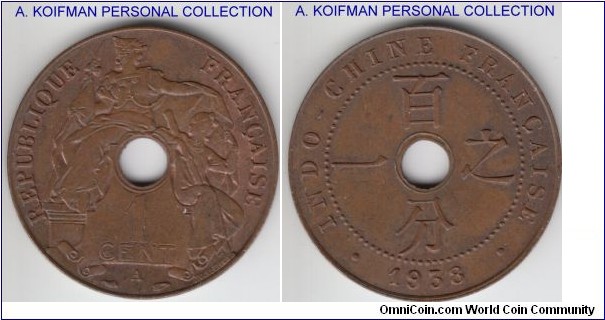 KM-12.1, 1938 French Indochina centime, Paris mint (A mintmark); bronze, plain edge; toned surface, appear spotty in places, although undobtfully uncirculated