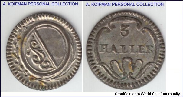 KM-180, ND (1827-1841) Switzerland canton Zurich 3 haller; billon; uncirculated and mostly bright unlike the other specimen I have, very nice one and the yellowish patina is not as visible in hand.