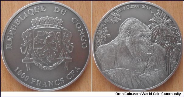 1000 Francs CFA - Gorilla - 31.1 g 0.999 silver Antique finish-  mintage 2,000