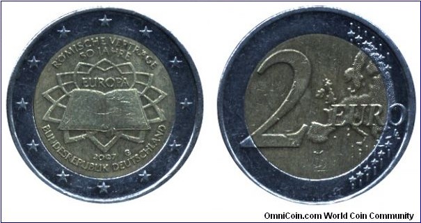 Germany, 2 euros, 2007, Cu-Ni-Ni-Brass, bi-metallic, 25.75mm, 8.5g, 50th Anniversary of the Treaty of Rome.