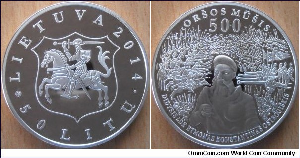 50 Litas - 500 years of the battle of Orsha - 28.28 g 0.925 silver Proof - mintage 3,000