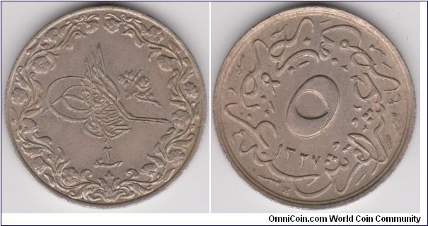 5/10 Qirsh of Muhammad V accession year 1327AH regnal year 2, 1911 Egypt