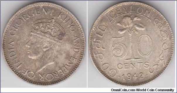 George VI 50 Cents Ceylon 1942