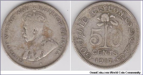 George V 50 Cents Seylon 1917