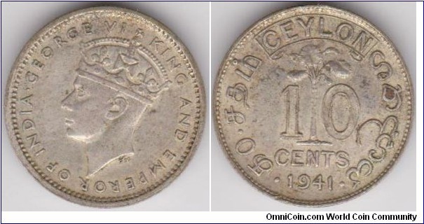 George VI 10 Cents Seylon 1941