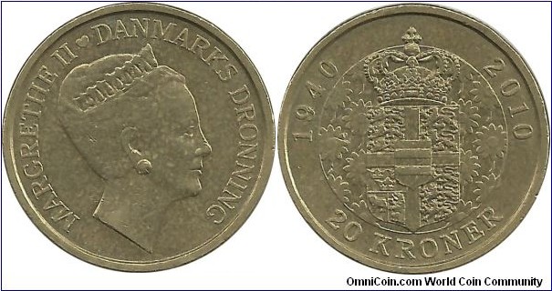 Denmark 20 Kroner 2010-Queen's Birthday