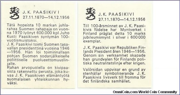 FinlandComm 10 Markkaa 1970-Paasikivi (they are in Finnish and Swedish)