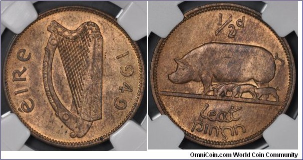 KM-10, 1949 Ireland 1/2 penny; bronze, plain edge; NGC certified MS64, hints of red on the coin, sufficient to be graded RB.
