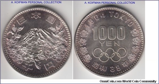 Y#80, Yr.39 (1964) Japan 1000 yen; silver, reeded edge; really nice and fully blooming with color coin, Tokyo Olympics commemorative;