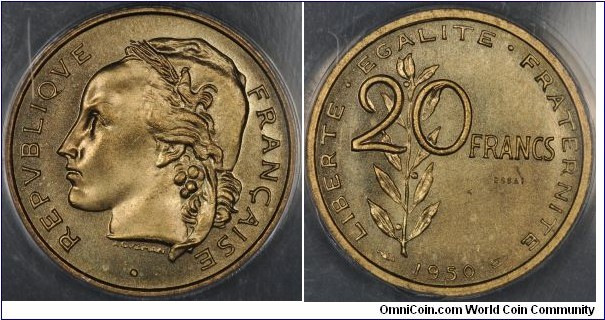 KM-Pn113, Gadoury 207.2, 1950 France 20 francs; aluminum-bronze, plain edge; ANACS grades MS65, essai, Guzman competion submission.