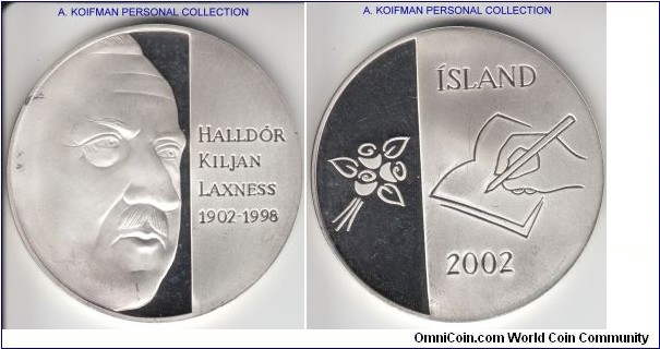 Iceland 2002 Nobel Prize winner for literature Haldor Kiljan Laxness; 999 silver, 39 mm, plain edge; brilliant uncirculated with mirror like proof surfaces in the field.