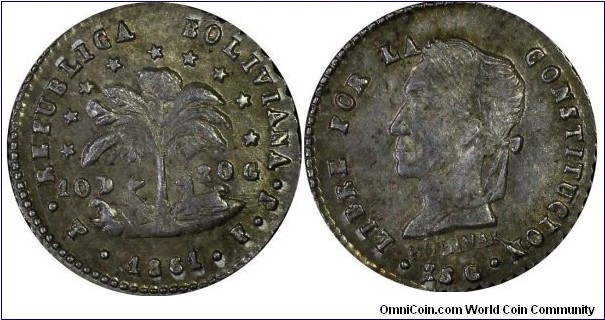 KM-133.2, 1861 Bolivia 1/2 sol, Potosi mint (PT or PTS mint mark in monogram), silver, coarse reeded; PCGS graded MS 62, appears to be a PT monogram variety, but not labeled as such by PCGS.
