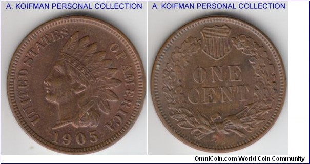 KM-90a, 1907 Unites States of America cent; bronze, plain edge; brown a bit of a gloss, mint state.