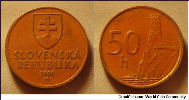Slovakia | 
50 Halierov, 2000 | 
18.75 mm, 2.8 gr. | 
Copper plated Steel | 

Obverse: National Coat of Arms, date below | 
Lettering: SLOVENSKÁ REPUBLIKA 2000 | 

Reverse: Devín Castle, denomination left | 
Lettering: 50 h |