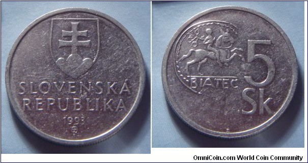 Slovakia | 
5 Korún, 1993 | 
24.75 mm, 5.4 gr. | 
Nickel clad Iron | 

Obverse: National Coat of Arms, date below | 
Lettering: SLOVENSKÁ REPUBLIKA 1993 | 

Reverse: Reverse of a Celtic coin of Biatec (celtic coin from 1.century AD), denomination right | 
Lettering: 5 Sk |