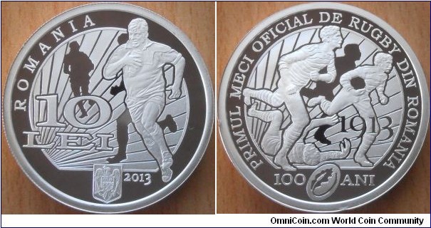 10 Lei - 100 years of the first rugby match in Romania - 31.1 g 0.999 silver Proof - mintage 500 pcs only