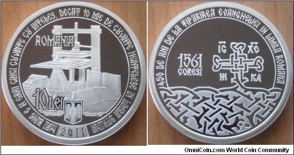 10 Lei - 450 years of printed Gospel in Romania - 31.1 g 0.999 silver Proof - mintage 500 pcs only