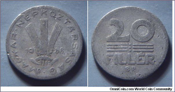 Hungarian People's Republic | 
20 Fillér, 1968 | 
20.3 mm, 0.95 gr. | 
Aluminium | 

Obverse: Three wheat stalks divides date | 
Lettering: • MAGYAR • NÉPKÖZTÁRSASÁG 1968 | 

Reverse: Denomination | 
Lettering: 20 FILLÉR |