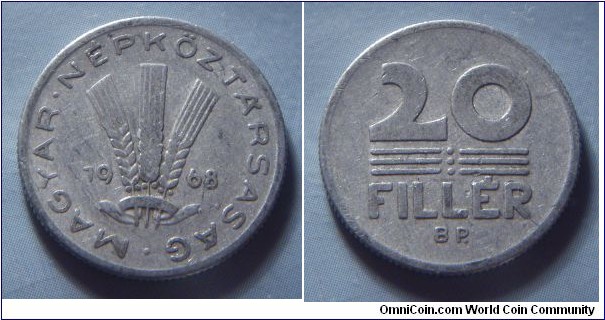 Hungarian People's Republic | 
20 Fillér, 1968 | 
20.3 mm, 0.95 gr. | 
Aluminium | 

Obverse: Three wheat stalks divides date | 
Lettering: • MAGYAR • NÉPKÖZTÁRSASÁG 1968 | 

Reverse: Denomination | 
Lettering: 20 FILLÉR |