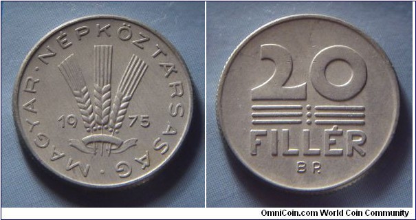 Hungarian People's Republic | 
20 Fillér, 1975 | 
20.3 mm, 0.95 gr. | 
Aluminium | 

Obverse: Three wheat stalks divides date | 
Lettering: • MAGYAR • NÉPKÖZTÁRSASÁG 1975 | 

Reverse: Denomination | 
Lettering: 20 FILLÉR |