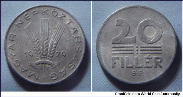 Hungarian People's Republic | 
20 Fillér, 1979 | 
20.3 mm, 0.95 gr. | 
Aluminium | 

Obverse: Three wheat stalks divides date | 
Lettering: • MAGYAR • NÉPKÖZTÁRSASÁG 1979 | 

Reverse: Denomination | 
Lettering: 20 FILLÉR |