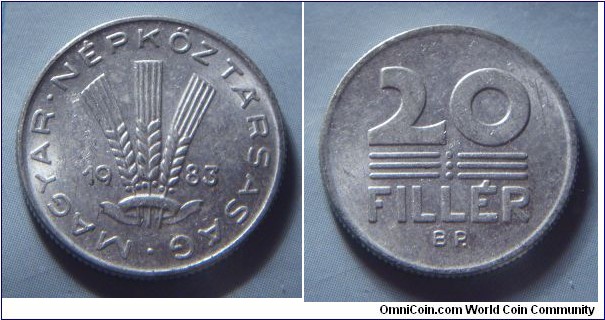 Hungarian People's Republic | 
20 Fillér, 1983 | 
20.3 mm, 0.95 gr. | 
Aluminium | 

Obverse: Three wheat stalks divides date | 
Lettering: • MAGYAR • NÉPKÖZTÁRSASÁG 1983 | 

Reverse: Denomination | 
Lettering: 20 FILLÉR |