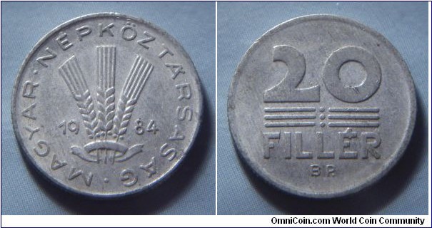 Hungarian People's Republic | 
20 Fillér, 1984 | 
20.3 mm, 0.95 gr. | 
Aluminium | 

Obverse: Three wheat stalks divides date | 
Lettering: • MAGYAR • NÉPKÖZTÁRSASÁG 1984 | 

Reverse: Denomination | 
Lettering: 20 FILLÉR |