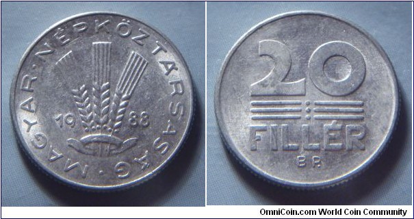 Hungarian People's Republic | 
20 Fillér, 1988 | 
20.3 mm, 0.95 gr. | 
Aluminium | 

Obverse: Three wheat stalks divides date | 
Lettering: • MAGYAR • NÉPKÖZTÁRSASÁG 1988 | 

Reverse: Denomination | 
Lettering: 20 FILLÉR |