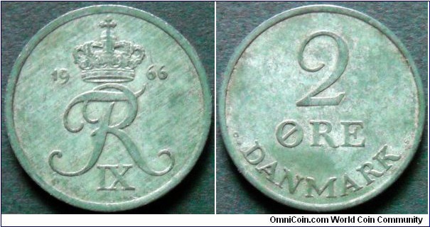Denmark 2 ore.
1966 C/S, Zinc.
Weight; 3,2g.
Diameter; 20,8mm.
Mintage: 31.949.000 pieces.