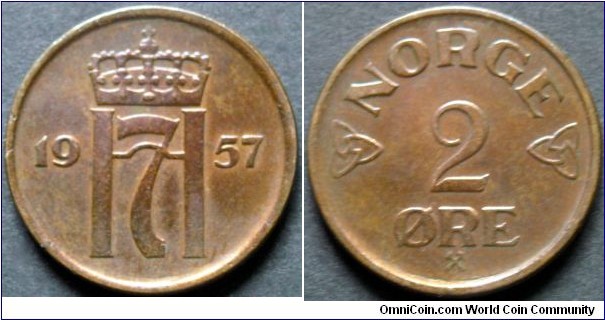 Norway 2 ore.
1957, Bronze.
Weight; 4g.
Diameter; 21mm.
Mintage: 6.090.000 pieces.
