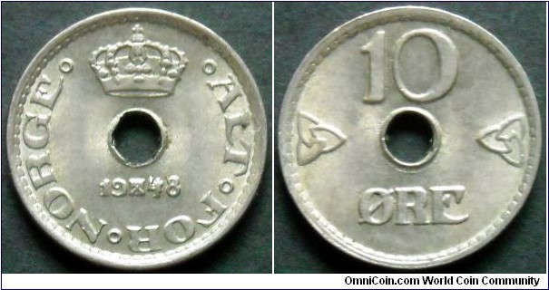 Norway 10 ore.
1948, Cu-ni.
Weight; 1,5g.
Diameter; 15mm.
Mintage: 3.104.500 pieces.