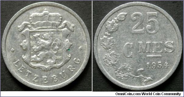 Luxembourg 25 centimes.
1954, Al-mg.
Weight; 0,76g.
Diameter; 19mm.
Mintage: 7.000.000 pieces.