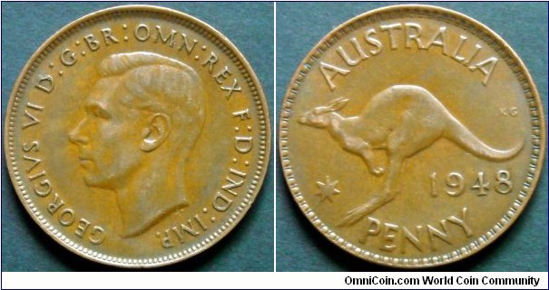 Australia 1 penny.
1948, Bronze.
Weight; 9,41g.
Diameter; 30,5mm.
Melbourne Mint.
Mintage: 26.616.000 pieces.