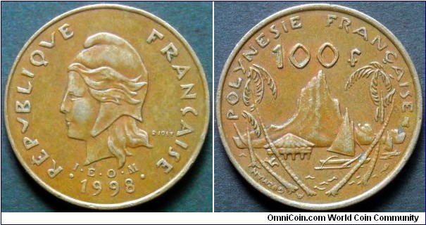 French Polynesia 100 francs. 1998 (I.E.O.M)
Nickel-bronze.
Weight; 10g.
Diameter; 30mm.
Mintage: 400.000 pieces.