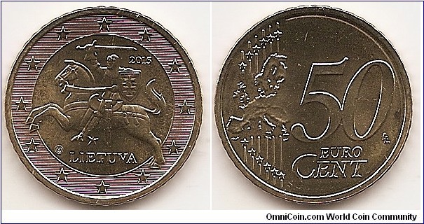 50 Euro cent KM#210 7.8000 g., Brass, 24.25 mm. Obv: the symbol from the emblem of the Lithuanian State — Vytis, and it is surrounded by the inscriptions LIETUVA (Lithuania), 2015 and twelve stars — a background of horizontal lines Rev: Large value at left, modified outline of Europe at right. Obv. designer: Antanas Žukauskas Rev. designer: Luc Luycx
