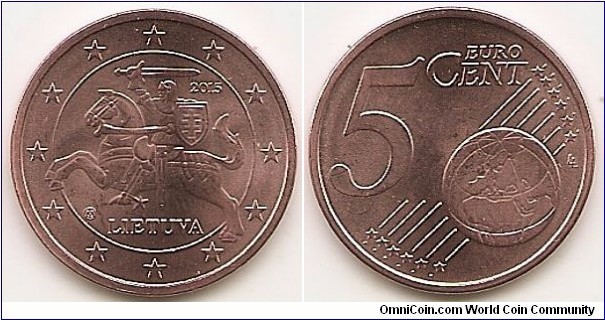 5 Euro cent KM#207 3.9200 g., Copper Plated Steel, 21.25 mm. Obv: the symbol from the emblem of the Lithuanian State — Vytis, and it is surrounded by the inscriptions LIETUVA (Lithuania), 2015 and twelve stars — a plain surface. Rev: Large value at left, globe at lower right. Obv. designer: Antanas Žukauskas Rev. designer: Luc Luycx