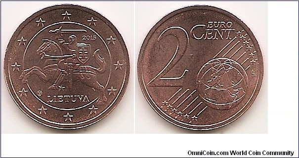 2 Euro cent KM#206 3.0600 g., Copper Plated Steel, 18.75 mm. Obv: the symbol from the emblem of the Lithuanian State — Vytis, and it is surrounded by the inscriptions LIETUVA (Lithuania), 2015 and twelve stars —  a plain surface. Rev: Large value at left, globe at lower right. Obv. designer: Antanas Žukauskas Rev. designer: Luc Luycx