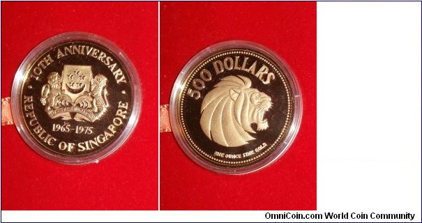 $500 Gold Proof Coin 10th Anniversary of Independance. One ounce fine gold