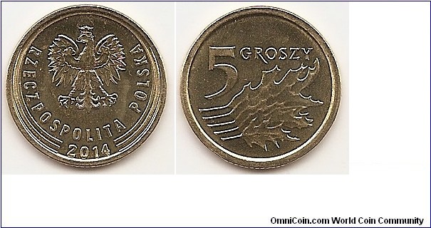 5 Groszy Y#925 2.59 g., Brass plated steel, 19.48 mm. Obv: Image of the eagle established as the state emblem of the Republic of Poland. Below the eagle, in a semi-circle, from left to right, the inscription: RZECZPOSPOLITA POLSKA. Within the rim, stylised rings, intersecting in the top part, split underneath by the year of issue. Below the eagle, on the right-hand side, the mint mark. Rev: On the left-hand side, a large digit: 5, next to it – a horizontal inscription: GROSZY, underneath – a composition of five oak leaves Edge: alternately plain and milled. Obv. designer:  Sebastian Mikołajczak Rev. designer: Ewa Tyc-Karpińska