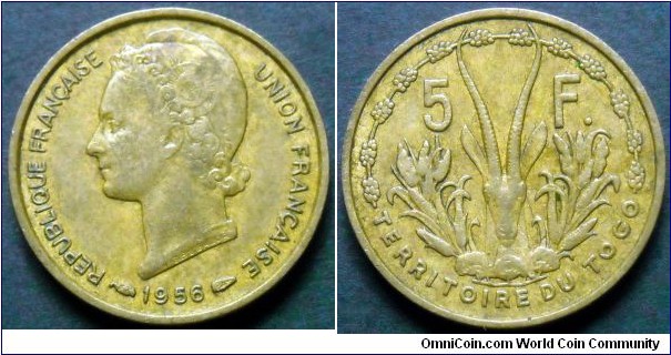 Togo 5 francs.
1956, Specifically for use in Togo.