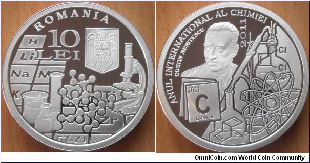 10 Lei - International year of chemistry - 31.1 g 0.999 silver Proof - mintage 500 pcs only