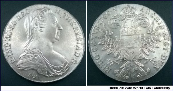 Modern Re-strike of a 1780 Maria Theresa Thaler. .780 Silver. UNC.