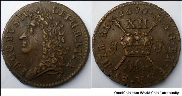 1690 James II Irish Gunmoney Shilling Graded as GVF