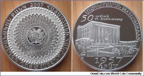1957 Dram - 50 years of the Matenadaran University - 33.6 g 0.925 silver Proof - mintage 500 pcs only