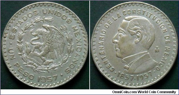 Mexico 1 peso.
1957, 100th Anniversary of Constitution. 
Ag 0.100.