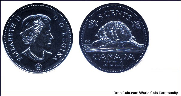 Canada, 5 cents, 2014, Beaver, Queen Elizabeth II.