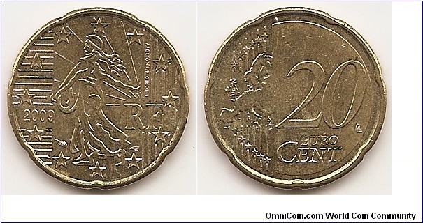 20 Euro cent
KM#1411
5.7300 g., Brass, 22.2 mm. Obv: Sower Rev: Large value at left, modified outline of Europe at right. Edge: Notched Obv. designer: Laurent Jorb Rev. designer: Luc Luycx