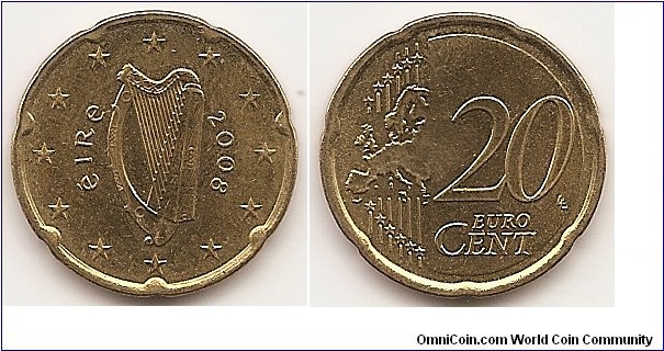 20 Euro cent
KM#48
5.7300 g., Brass, 22.25 mm. Obv: Harp Rev: Relief map of Western Europe, stars, lines and value Edge: Notched Obv. designer: Jarlath Hayes Rev. designer: Luc Luycx