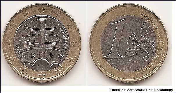 1 Euro
KM#101
7.5000 g., Bi-Metallic Copper-Nickel center in Nickel-Brass ring, 23.25 mm. Obv: Double cross in middle of three hills Rev: Value at left, expanded relief map of European Union at right Edge: Segmented reeding Obv. designer: Ivan Rehak Rev. designer: Luc Luycx
