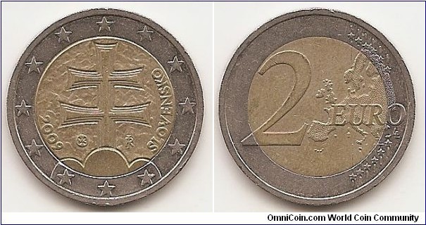 2 Euro
KM#102
8.5000 g., Bi-Metallic Nickel-Brass center in Copper-Nickel ring, 25.75 mm. Obv: Double cross on middle of three hills Rev: Value at left, expanded map of European Union at left Edge: 